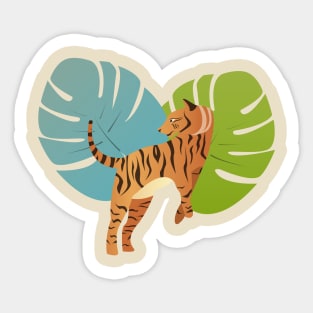 Tiger with jungle leaves background Sticker
